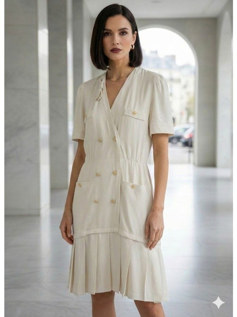 Vintage 90s Escada Silk Dress Cream Drop Waist Double Breasted Gold Button 42 12